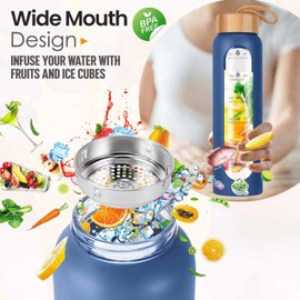 Aqulea 32 Oz Borosilicate Glass Water Bottle with Times to Drink | BPA Free - Reusable Wide Mouth Glass Motivational Water Bottles with Infuser & Silicone Sleeve – 32 oz Water Bottle with Time Marker