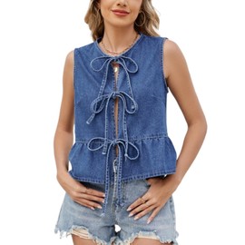 TYHOTULY Women's Denim Vest Sleeveless Crop Top Cute Bow Tie Up Vintage Y2K Fashion Summer Jean Waistcoat Jacket (Blue,Medium)