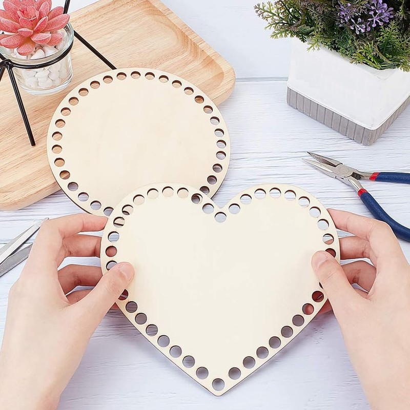 SEWACC 4Pcs Wooden Basket Bottom Round Heart Shape Crochet Basket