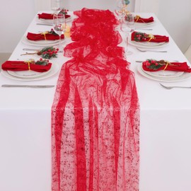 Snowkingdom Red Cheesecloth Table Runner 10 FT, Sheer Chiffon Sparkle Gauze Mesh Runners 120 Inch, Glitter Red Table Centerpieces Decoration for Christmas Valentines Day Wedding Birthday Party Holiday