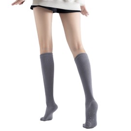 Verdancy Yoga Pilates Toe Socks with Grips for Women Non Slip Compression Cushioned Knee High Over the Calf Socks (Gray)