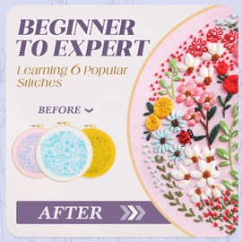 WIVLAX Embroidery Kit for Adults Beginners, DIY Stitch Craft Set with Floral Pattern Fabric, Hoop, Thread & Needles, Starter Hand Flower Embroidery Kits for Adults, Sewing Gift Set for Women & Teens