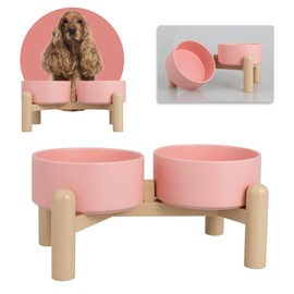 Elevated Ceramic Dog Bowl Set of 2 - Double Dishes with Non-Slip Stand - Raised Food and Water Bowls - Ideal for Small to Medium Dogs - Each Holds 2 Cups (28.75 fl oz) - Pink