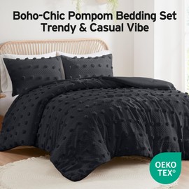 Intelligent Design King Comforter Set, Clipped Jacquard Comforter Set Chic Pompom Accent, All Seasons Lightweight & Fluffy Comforter Bed Set with 2 Shams, Lucy, King/Cal King, Black 3 Piece