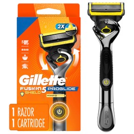 Gillette Fusion5 ProGlide Shield Shaving Razor for Men, 1 Power Razor Handle, 1 Refill, 2x Lubrication, Battery-Powered with FlexBall Handle and Precision Trimmer for Men