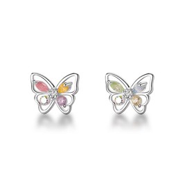 Eslinila Cute Butterfly Stud Earrings for Girls, Hypoallergenic S925 Sterling Silver Post Small Colourful Butterfly Earrings for Women Gift, Alloy, Cubic Zirconi