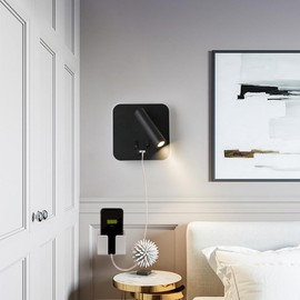 AIRTWESD USB Charging Port Wall Wash Light Black Bed LED with Interior Wall Adjustable Spotlight Reading lamp Wall lamp Bedroom Indoor Bedside Lamp 3000K (3W + 10W)