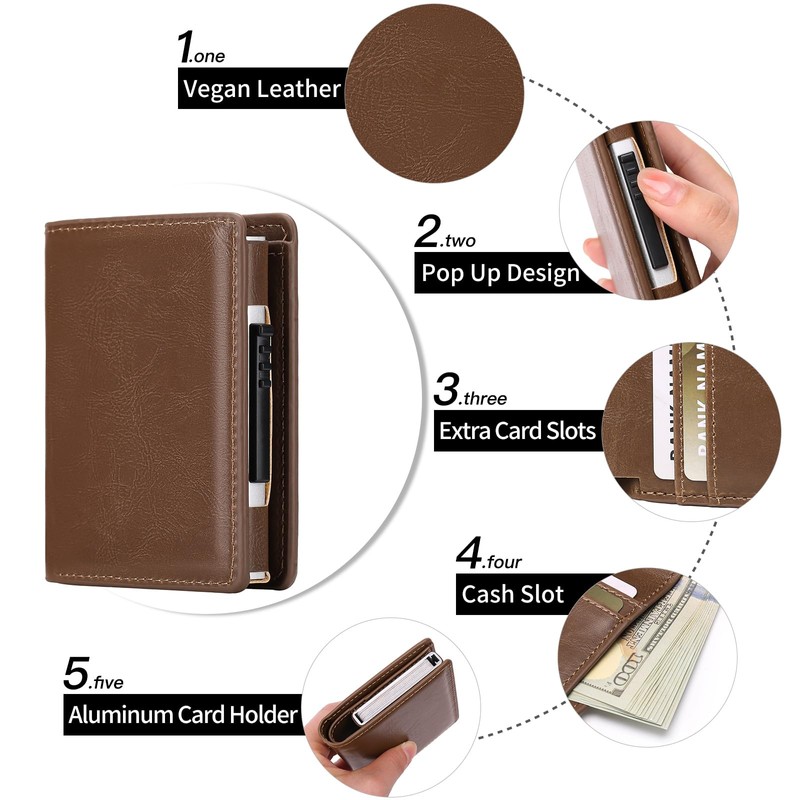 GOIACII Minimalist RFID Blocking Pop Up Card Wallet, Brown, Unisex,