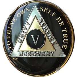 Bright Star Press 5 Year Classic Black AA Alcoholics Anonymous Medallion Sobriety Chip Tri Plate Gold & Nickel Plated Serenity Prayer
