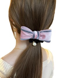 Wenlly Modische Samt-Haargummis mit farbblockierter Schleife, hohe Elastizität, Perlen-Pferdeschwanz-Halter, Haar-Accessoires für Damen und Mädchen, 1 Stück, Rosa