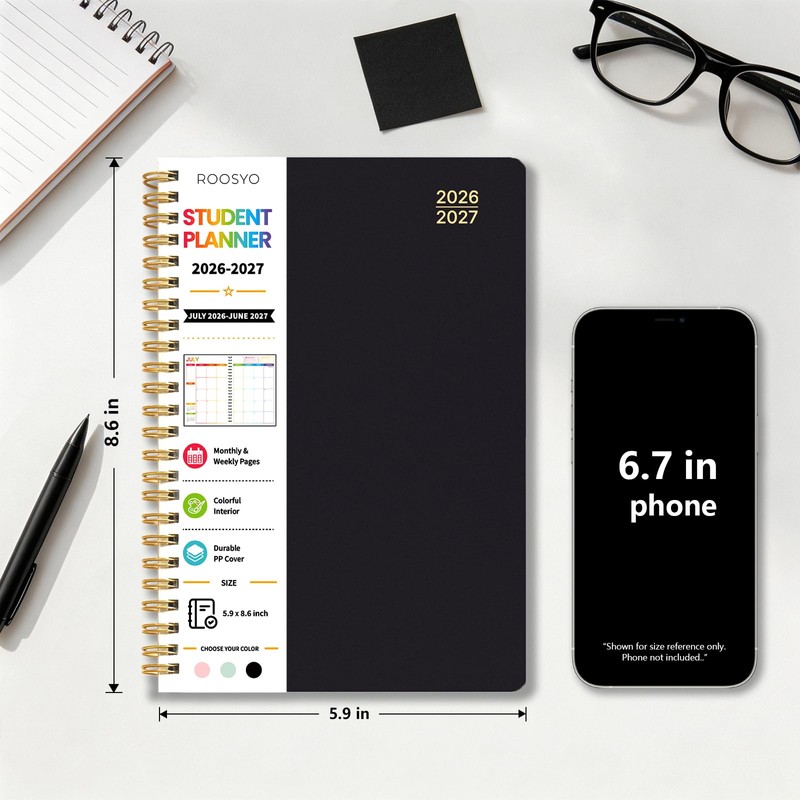 Student Planner 2026-2027, Black Spiral Academic Planner with Colorful Pages,