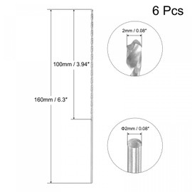 TA-VIGOR 6Pcs 2mm Extra Long Twist Drill Bits, 160mm Length High-Speed Steel HSS Straight Shank Spiral Drill Bits for Wood Metal Aluminum Plastic
