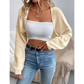 MURMUREY Womens Long Sleeve Open Front Knit Crop Bolero Cardigan Sweater Shrug for Dress 2025 Apricot