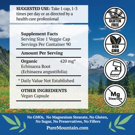 Pure Mountain Botanicals Echinacea Capsules Supplement - Kosher Vegan Caps with 420mg Organic Echinacea Root