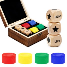 Left Right Center Dice Game Set, Include 3 1-inch Wooden Dices and 48 Pcs Chips in Wooden Box, Easy to Store and Carry Around for Travel