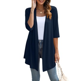 YSYOKOW Womens Lightweight Open Front Cardigan Casual Loose Knit 3/4 Sleeves Fall Outwear Fashion(Navy Blue, XX-Large)