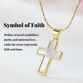 Mother of Pearl Necklace Faith Necklace for Women 18k Gold Pearl Cross Necklace - Natural Mother of Plated Cross Necklace for Mother Daughter Girlfriend Soulmate Grandma Granddaughte.