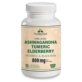 Organic Ashwagandha Supplements - 800mg | with Turmeric Curcumin, Elderberry, Vitamin C & Black Seed | Supports Relaxation, Mood & Immune Health | Non-GMO, Vegan - 90 Capsules