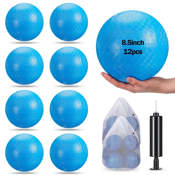 Honoson 12 Pack Playground Ball 8.5 Inch Dodgeballs for Kids Adults Bouncy Kickball Handball Set Rubber Inflatable Ball with Hand Pump and Storage Bags for Indoor Outdoor Schoolyard Games (Blue)
