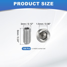 PATIKIL 100 Pcs Hex Socket Grub Screw, M3x6mm Flat Point Grub Bolt 304 Stainless Steel Head Socket Set Screws for Door Handles Light Fixture Repair