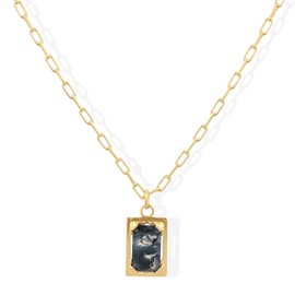 Gempires Moss Agate Rectangular Pendant Necklace Gold Plated Adjustable Paperclip Chain Elegant Minimalist Jewelry for Women Unique Statement Piece Gift for Any Occasion