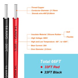 14 awg Silicone Electrical Wire Cable 66ft [Black 33ft Red 33ft] 14 Gauge Separete Wire Hook Up Oxygen Free Stranded Tinned Copper Wire High Temperature Resistance Spool