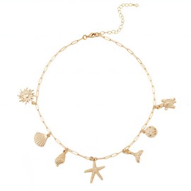 CABODYALS Gold Sea Shell Charm Necklace Stack Boho Summer Beach Dainty Seashell Pendant Costume Brass Ocean Theme Trendy Jewellery Starfish Necklaces Choker Set for Women Party Outfits Accessories