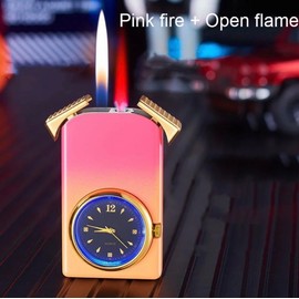 Windproof Vintage Lighter with Watch, Dual Sided Pink Jet Torch and Soft Flame Lighter (Pink Gradient)