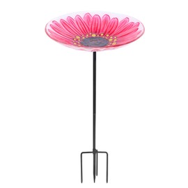 MUMTOP Glass Bird Bath, Garden Outdoor Birdbaths Birdfeeder with Metal Stake Pink Flower