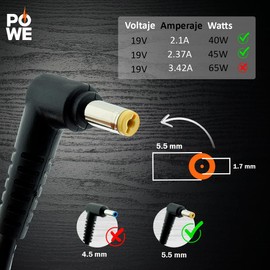 PO WE Adaptador de CA Acer de 45 W, Cargador de computadora portátil, Enchufe de Fuente de alimentación de 19 V 2.37 A, tamaño del Conector: 5.5x1.7mm