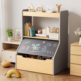 XJD Toy Storage Box, Kids Toy Storage Bin with Chalkboard Lid, Toy Box with Bookshelf, Easel & Toy Organizer in One, For Toddlers 3+ Years Old