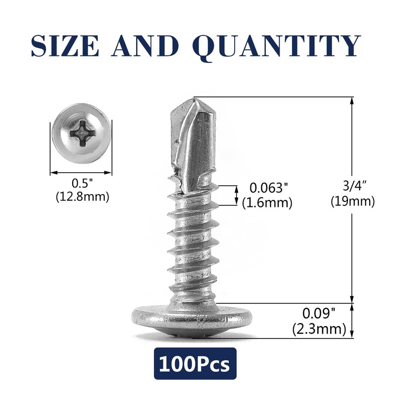 #10 x 3/4" Sheet Metal Screws 100PCS 410 Stainless Steel