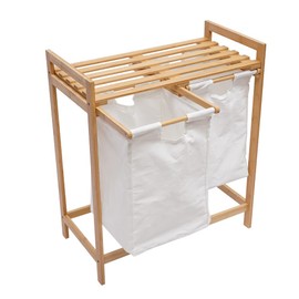 TFCFL Bamboo Laundry Hamper with Shelf, 2 Section Wooden Laundry Basket with Sliding Removable Bags, 2 Compartment Organizer, Clothes Hamper for Samll Space,Laundry Room, Bedroom, Bathroom