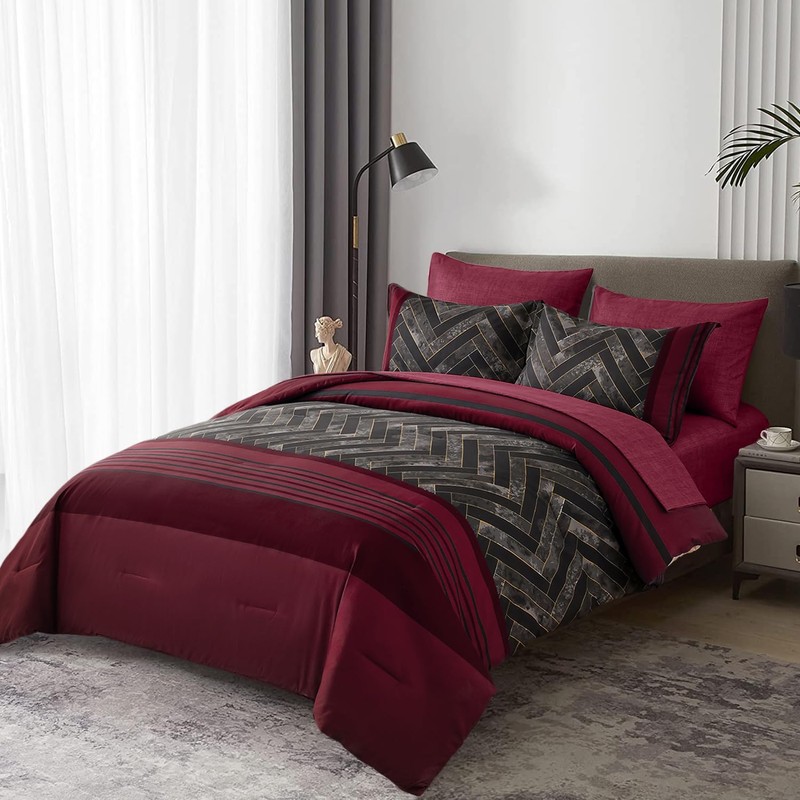 Luxudecor Burgundy Comforter Set Queen Size 7 Pieces Red and