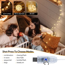 BEEWIN Globe String Lights,10FT 30 LED Decorative Christmas Lights,8 Modes Crystal Crackle Ball Lights,USB Twinkle Fairy Lights for Bedroom,Indoor,Outdoor,Classroom,Wedding,Party,Garden,Warm White