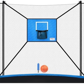 Trampoline Basketball Hoop Set with Ball, Blue Backboard, Indoor Outdoor Bounce Accessory