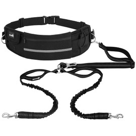 Pecute Hands Free Dog Leash 2 Dogs, Waist Belt Fanny Pack with Soft Padded, Dual Dog Leash with Pouch, 3 Padded Handles, Durable Bungee, Black Waist Dog Leash for Running Walking Hiking Jogging Biking