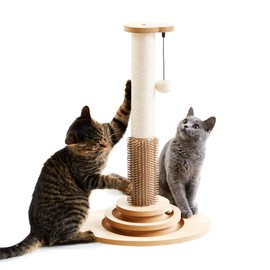 Made4Pets Cat Scratching Post, 23" Tall Sisal Scratcher Post with Cat Self Groomer, 4-in-1 Interactive Trackball Toys with Cat Hair Brush, Vertical Cat Climbing Tree with Dangling Plush Balls