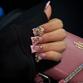 Pink French Tips Press on Nails Medium Duck Fake Nails with Gold Butterfly Bow Rhinestone Charm Design Duckbill False Nails Glossy Skin Tones Stick on Nails Summer Nails for Women Girls Manicure 24Pcs