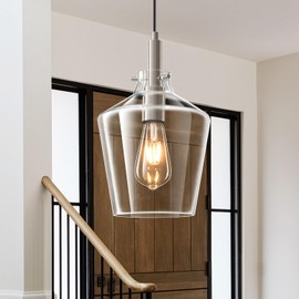 Vaziden Modern Glass Pendant Lighting for Kitchen Island, Farmhouse Nickel Pendant Light Fixtures 1 Pack, Adjustable Hanging Ceiling Light Angled Clear Glass Shades 8 Inch