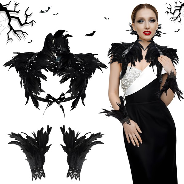 Taufe Feather Collar, Feather Collar Black, with Feather Cuffs, Gothic