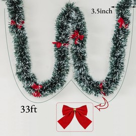 Christmas Tinsel Garland with 25 Red Bows Metallic Outdoor Christmas Garland Hanging Garland Christmas Decorations Vintage Tinsel Wreaths for Holiday Party (Dark Green, White)