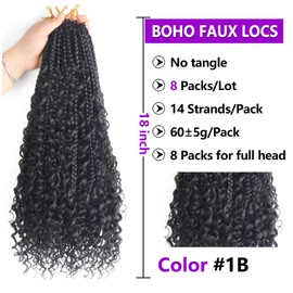 8 Packs 18inch Goddess Box Braids Crochet Hair With Curly Ends Pre Looped Bohomian Boho Crochet Braids Synthetic Braiding Hair Extensions For Women (1B, 18inch)