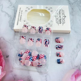 American Flag French Tip False Nails Short Square Independence Day Press on Nails Patriotic 4th of July Fake Nail Glossy Artificial Glue on Nail for Women