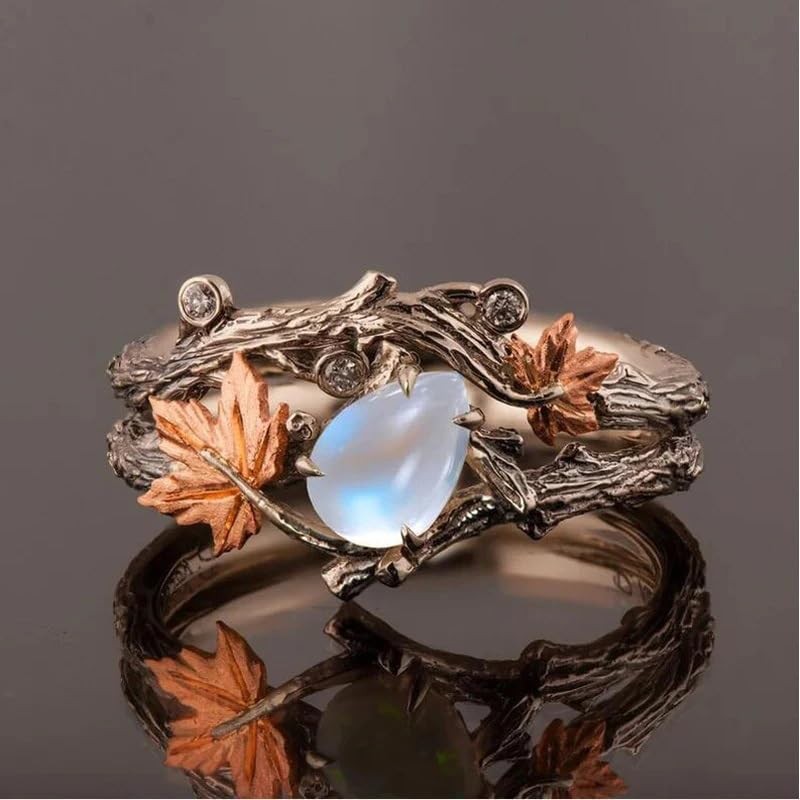 Vintage branch ring, rose gold maple leaf, double ring design,