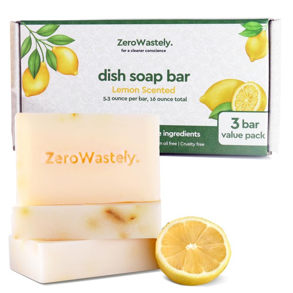 ZeroWastely Natural Dish Soap Bar - Value Pack of 3 Solid Dish Soap Block 16oz - Lemon Scented, Long Lasting, Skin Friendly - Sustainably Made from 100% Organic Ingredients - Plastic Free Dish Soap