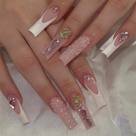 IMSOHOT Long Press on Nails Square Fake Nails White French Tips False Nails with Pink Rhinestone Designs Nude Glossy Acrylic Nails Cute Full Cover Glue on Nails for Women and Girls 24Pcs
