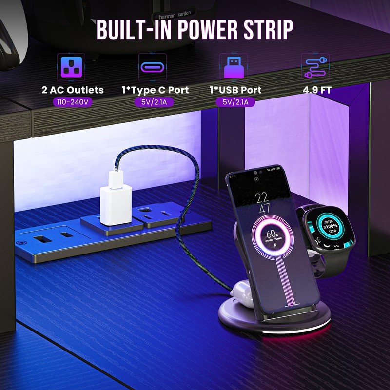 DUMOS Gaming Desk, Monitor Stand, LED Lights, Storage Shelves