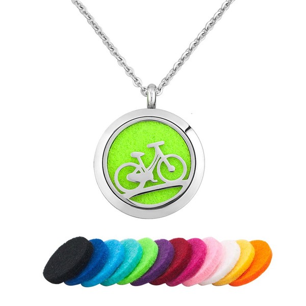 Third Time Charm Bicycle Essential Oil Diffuser Necklace Locket Pendant Aromatherapy Jewelry, 12 Refill Pads