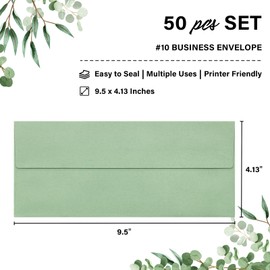 50 Pack #10 Business Envelopes, Self Seal Standard Sage Green Envelopes for Secure Business & Legal Mailing, Office, Checks, Letter, Invoices, 4 1/8 x 9 1/2 Inches